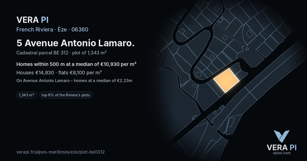 5 Avenue Antonio Lamaro, Èze at night – the plot lit, the parcels around coloured by the prices near them
