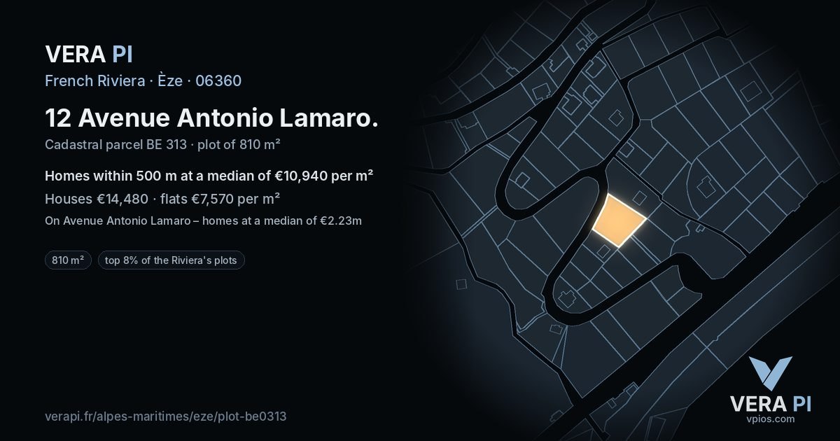 12 Avenue Antonio Lamaro, Èze at night – the plot lit, the parcels around coloured by the prices near them
