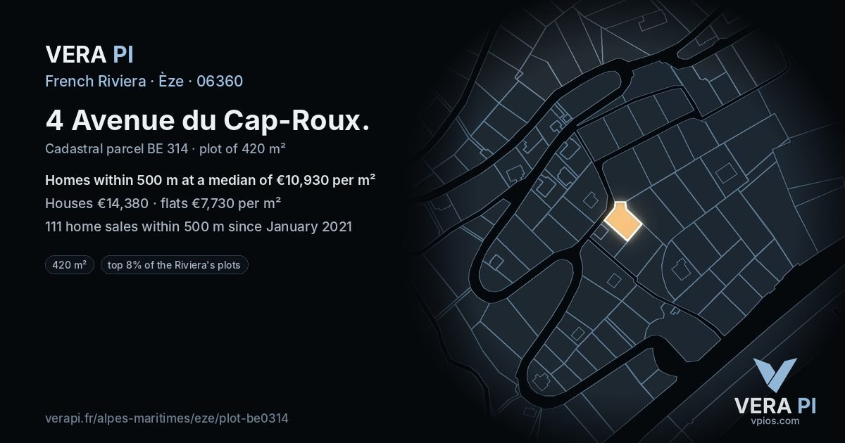 4 Avenue du Cap-Roux, Èze at night – the plot lit, the parcels around coloured by the prices near them