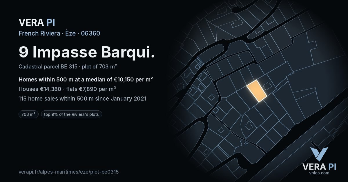 9 Impasse Barqui, Èze at night – the plot lit, the parcels around coloured by the prices near them