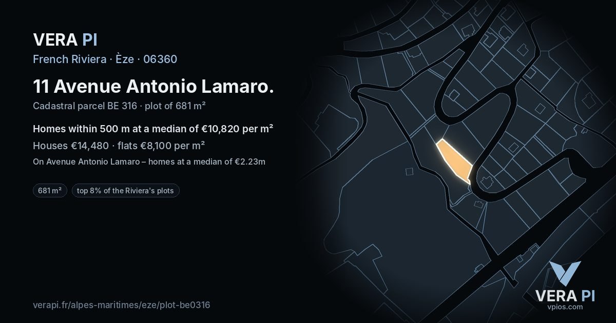 11 Avenue Antonio Lamaro, Èze at night – the plot lit, the parcels around coloured by the prices near them