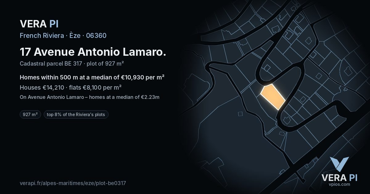 17 Avenue Antonio Lamaro, Èze at night – the plot lit, the parcels around coloured by the prices near them