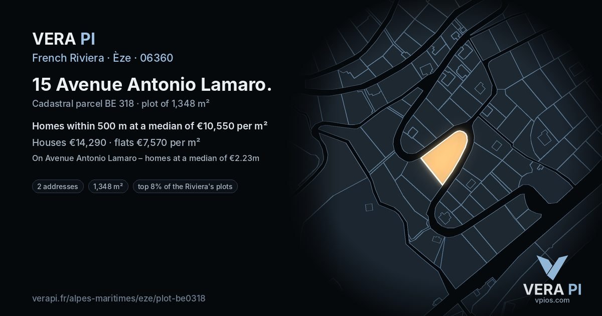 15 Avenue Antonio Lamaro, Èze at night – the plot lit, the parcels around coloured by the prices near them