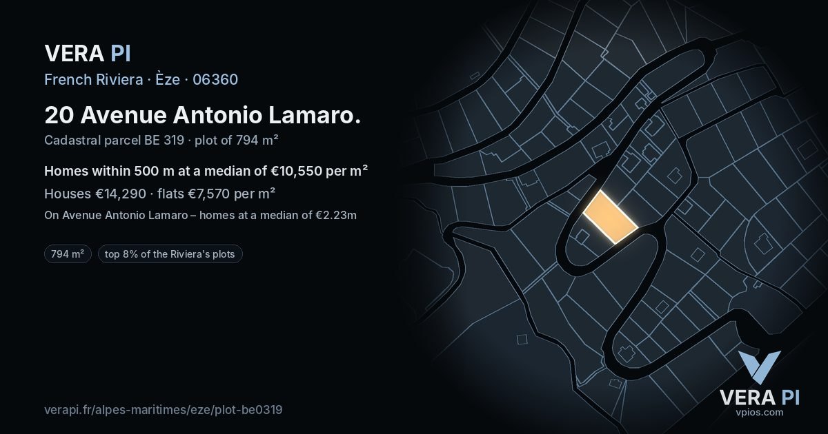 20 Avenue Antonio Lamaro, Èze at night – the plot lit, the parcels around coloured by the prices near them