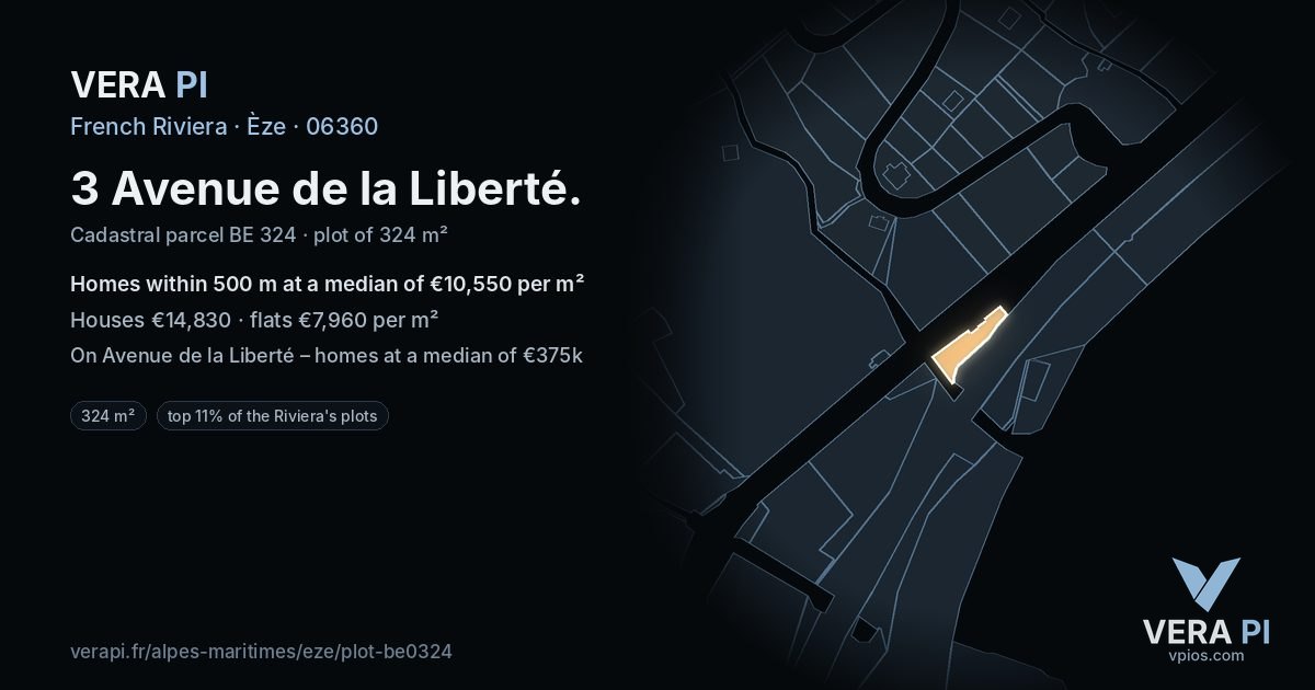 3 Avenue de la Liberté, Èze at night – the plot lit, the parcels around coloured by the prices near them