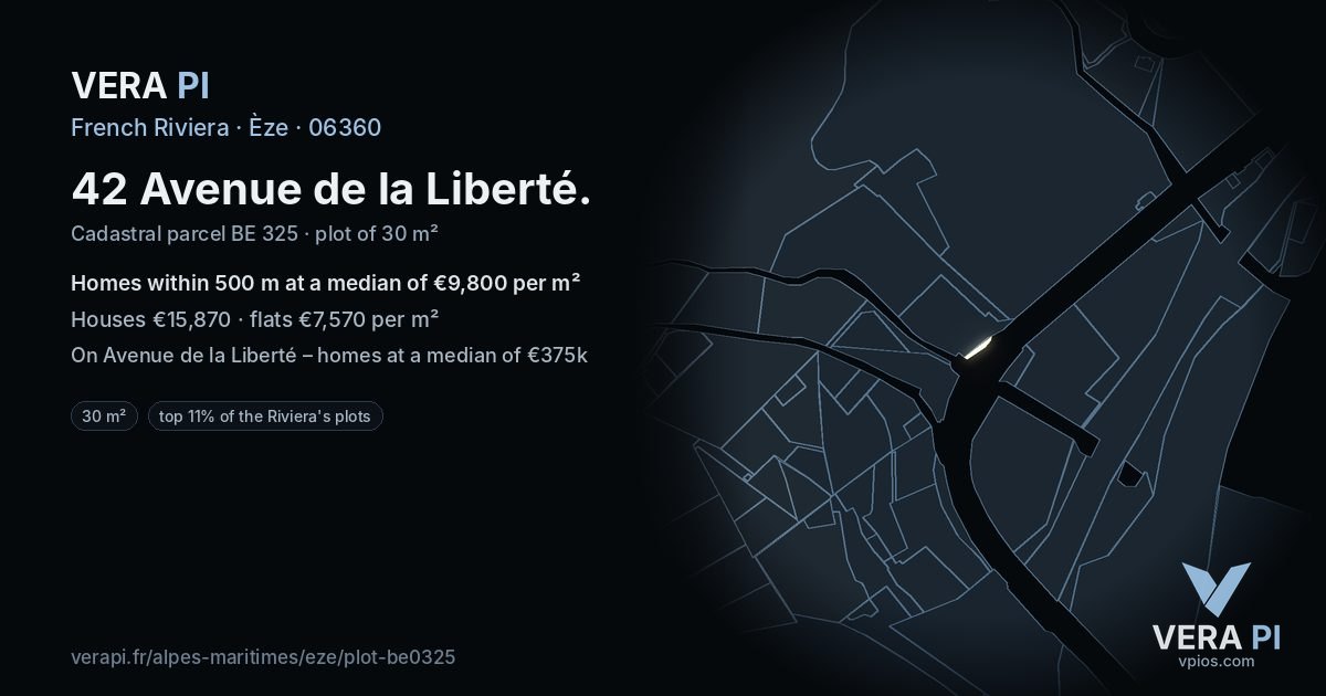 42 Avenue de la Liberté, Èze at night – the plot lit, the parcels around coloured by the prices near them