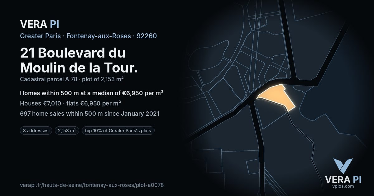 21 Boulevard du Moulin de la Tour, Fontenay-aux-Roses at night – the plot lit, the parcels around coloured by the prices near them