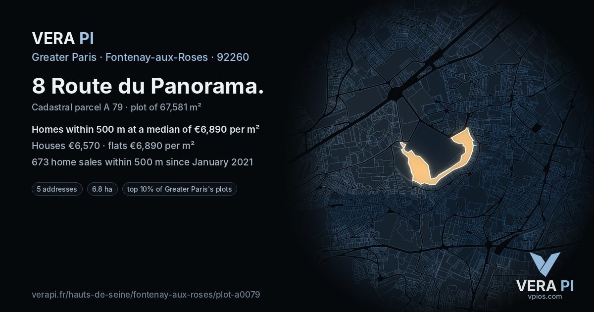 8 Route du Panorama, Fontenay-aux-Roses at night – the plot lit, the parcels around coloured by the prices near them