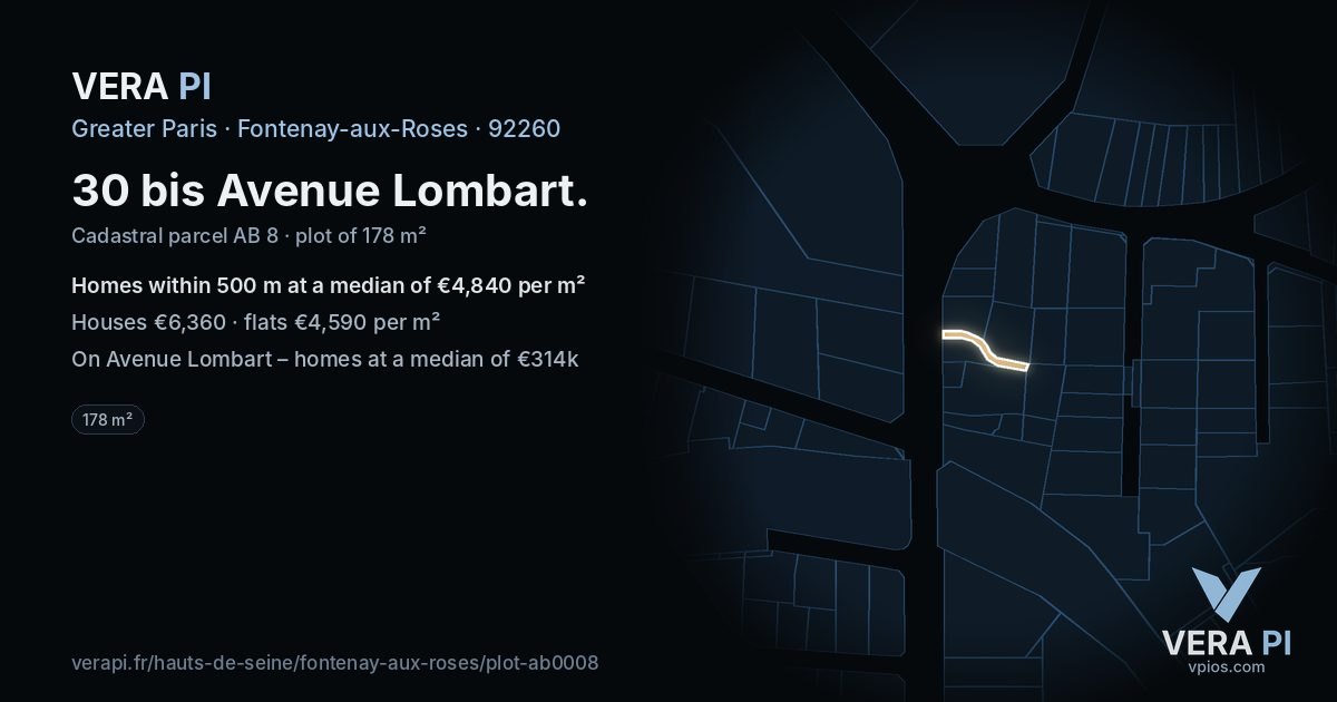 30 bis Avenue Lombart, Fontenay-aux-Roses at night – the plot lit, the parcels around coloured by the prices near them