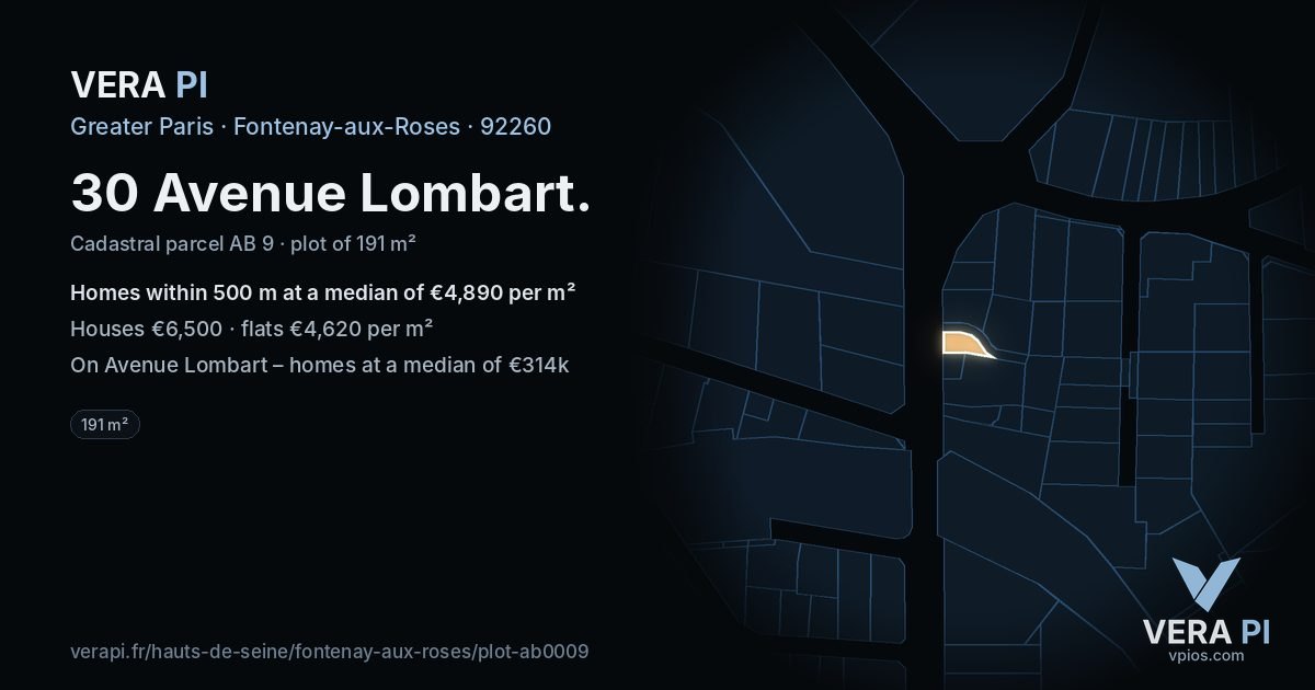 30 Avenue Lombart, Fontenay-aux-Roses at night – the plot lit, the parcels around coloured by the prices near them