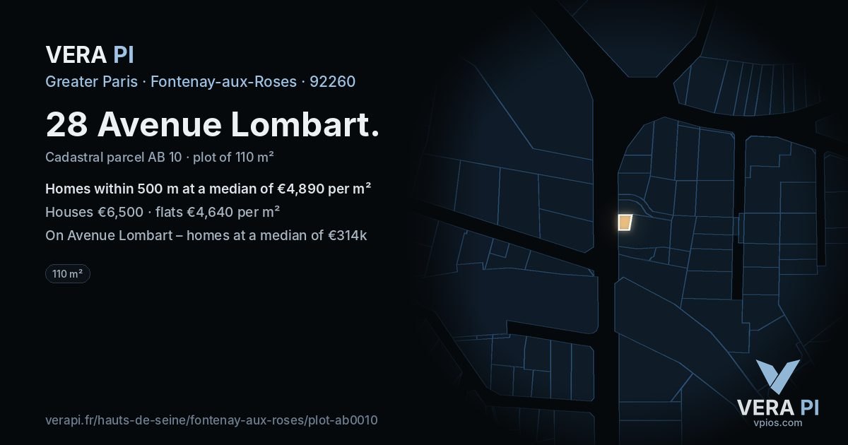 28 Avenue Lombart, Fontenay-aux-Roses at night – the plot lit, the parcels around coloured by the prices near them