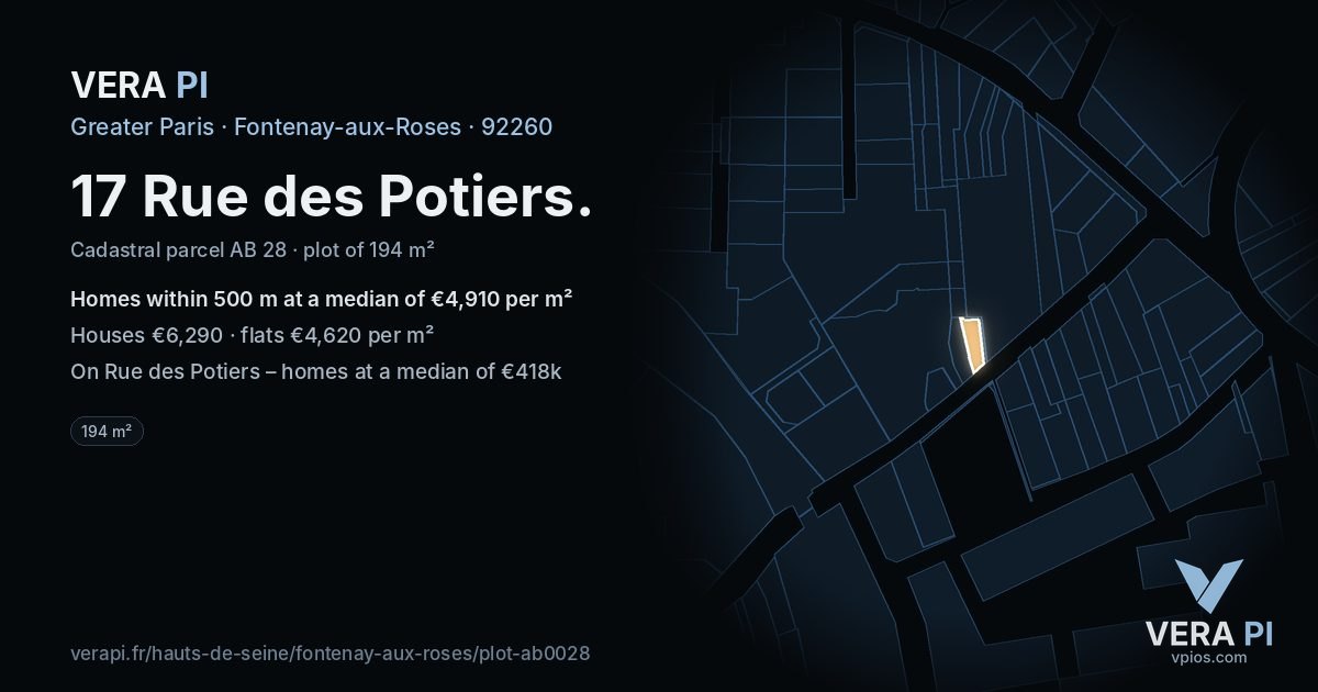 17 Rue des Potiers, Fontenay-aux-Roses at night – the plot lit, the parcels around coloured by the prices near them