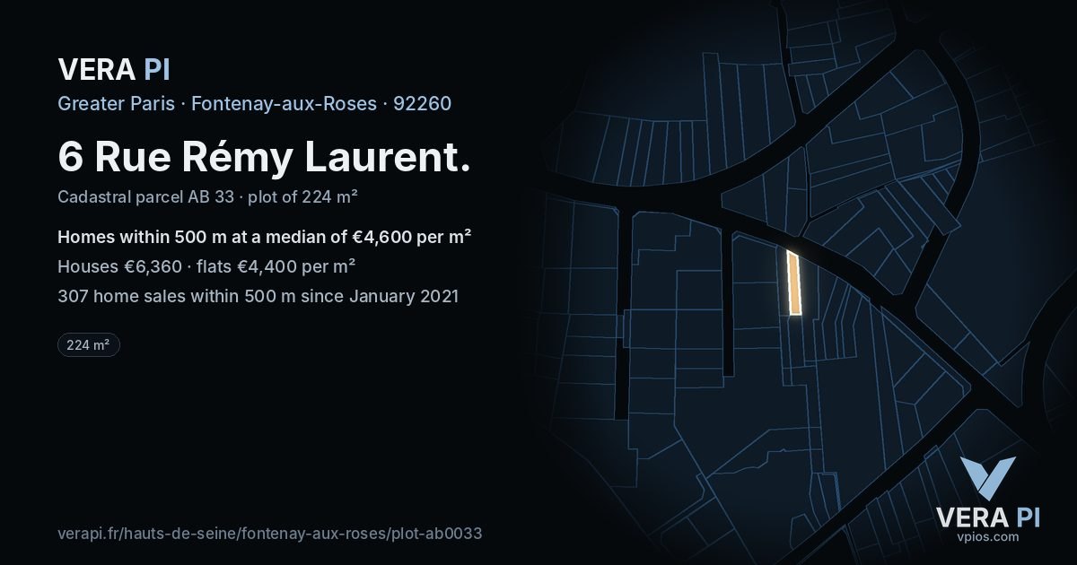 6 Rue Rémy Laurent, Fontenay-aux-Roses at night – the plot lit, the parcels around coloured by the prices near them