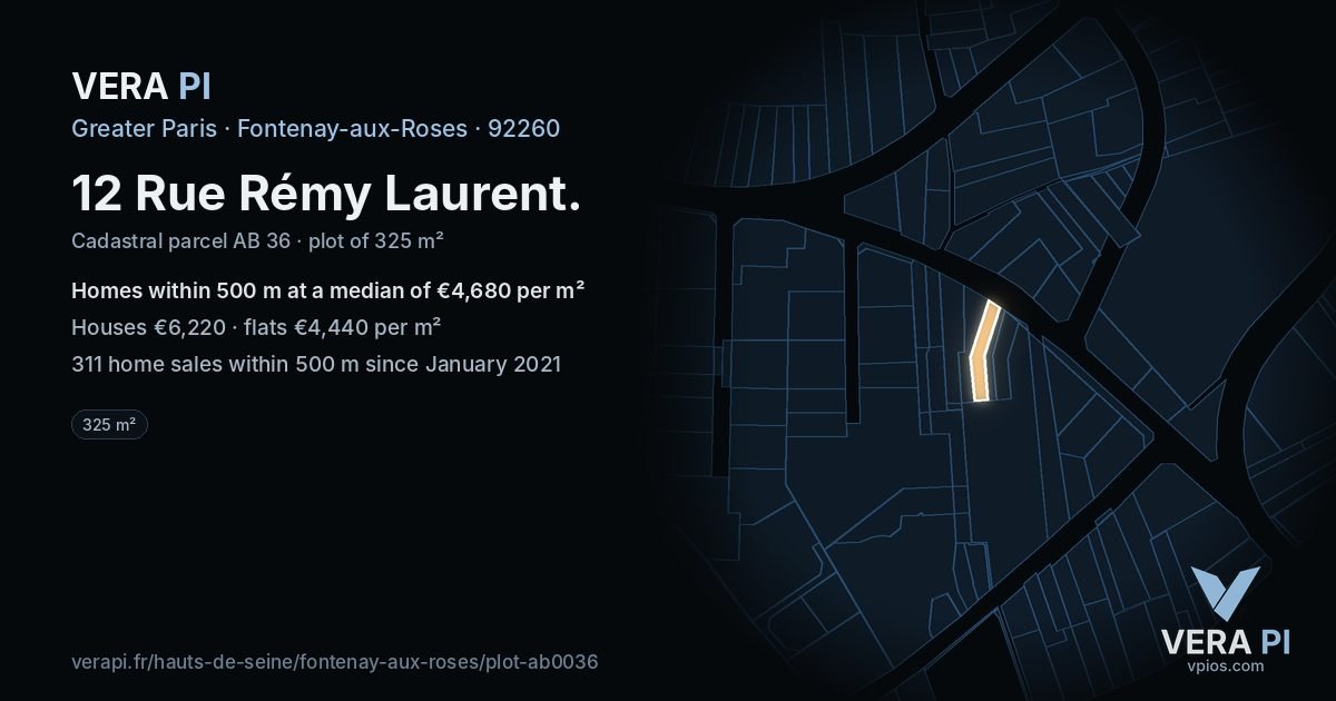 12 Rue Rémy Laurent, Fontenay-aux-Roses at night – the plot lit, the parcels around coloured by the prices near them