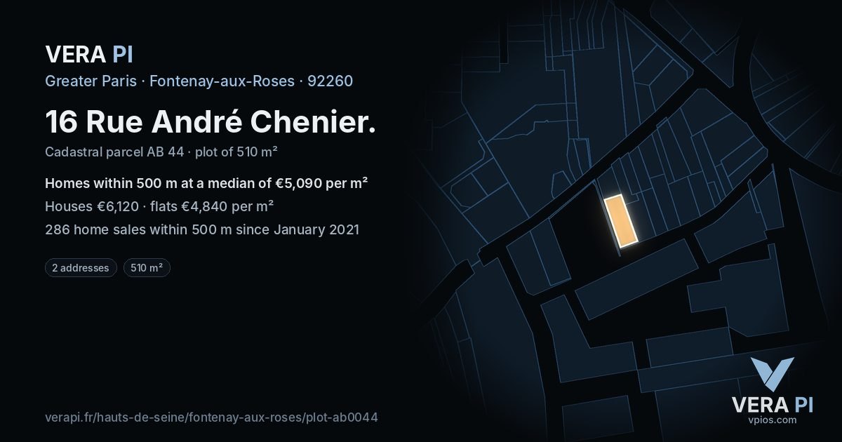 16 Rue André Chenier, Fontenay-aux-Roses at night – the plot lit, the parcels around coloured by the prices near them