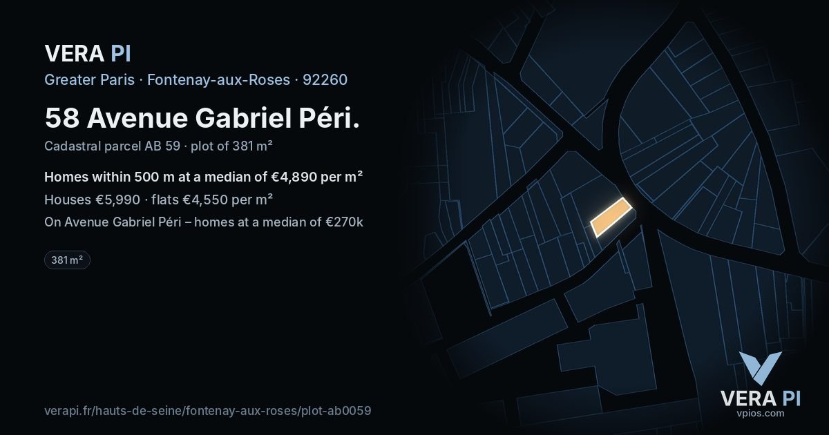 58 Avenue Gabriel Péri, Fontenay-aux-Roses at night – the plot lit, the parcels around coloured by the prices near them