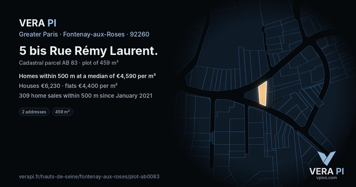5 bis Rue Rémy Laurent, Fontenay-aux-Roses at night – the plot lit, the parcels around coloured by the prices near them
