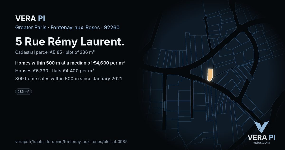 5 Rue Rémy Laurent, Fontenay-aux-Roses at night – the plot lit, the parcels around coloured by the prices near them
