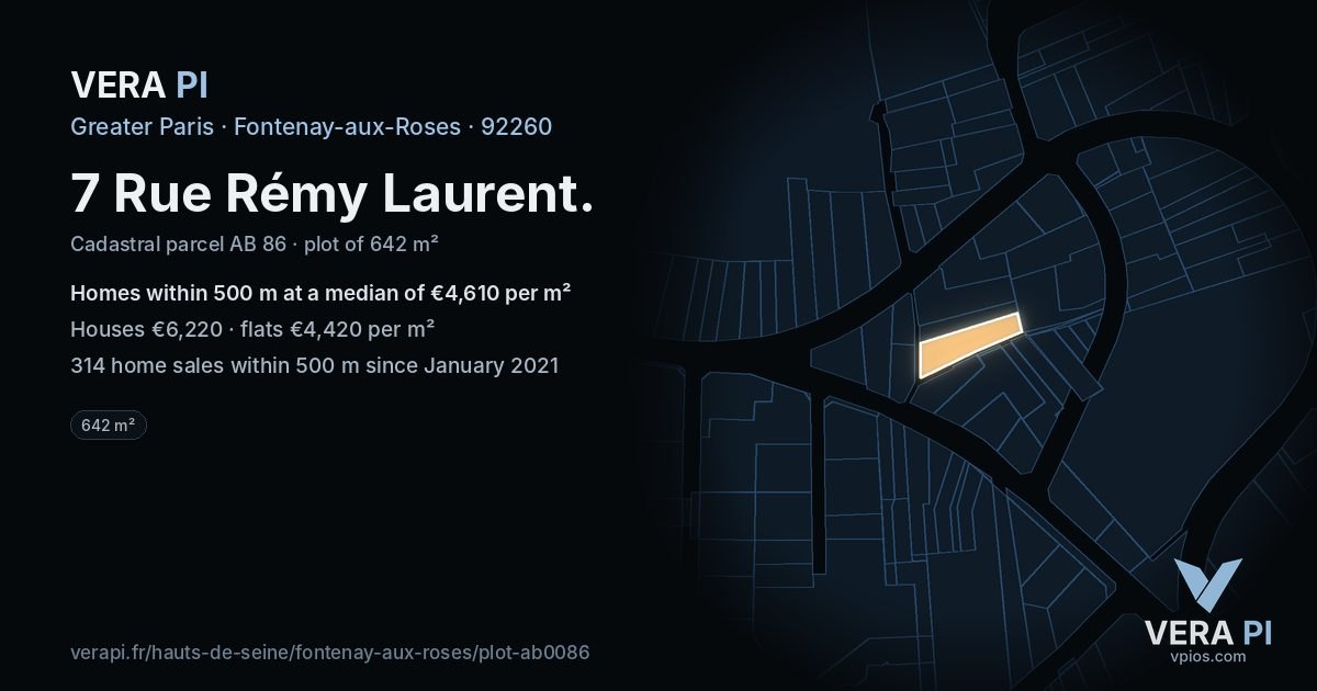 7 Rue Rémy Laurent, Fontenay-aux-Roses at night – the plot lit, the parcels around coloured by the prices near them