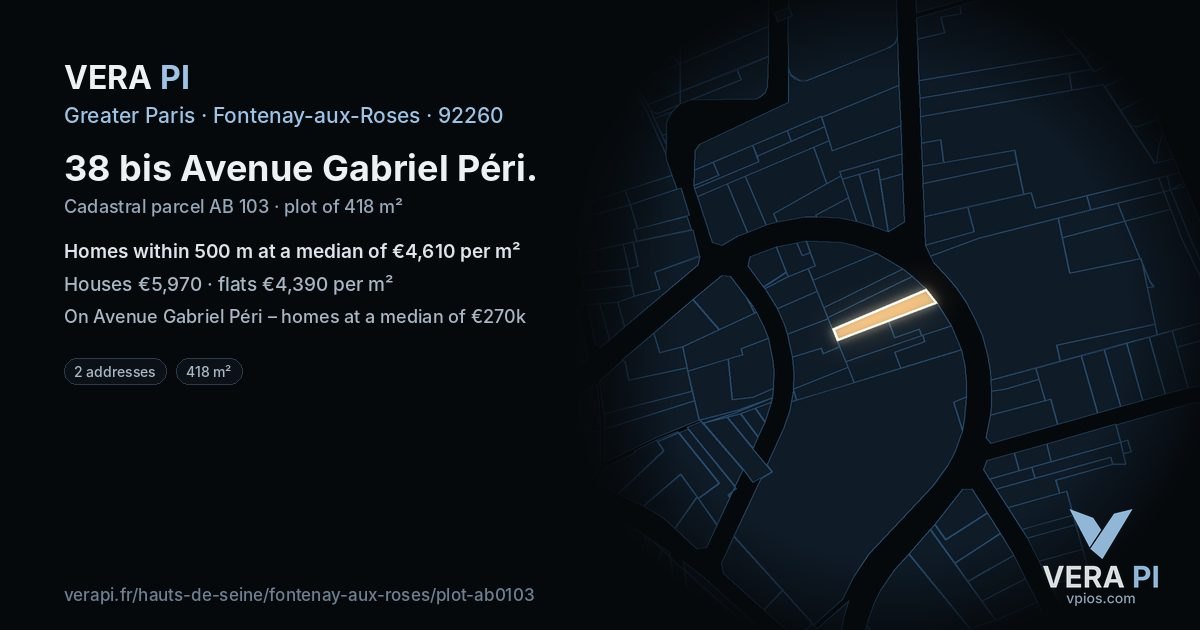 38 bis Avenue Gabriel Péri, Fontenay-aux-Roses at night – the plot lit, the parcels around coloured by the prices near them