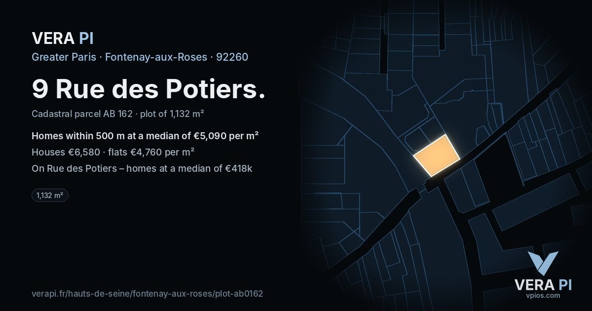 9 Rue des Potiers, Fontenay-aux-Roses at night – the plot lit, the parcels around coloured by the prices near them