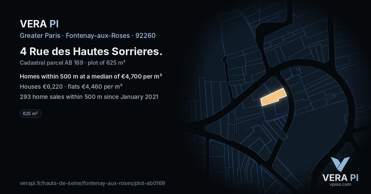 4 Rue des Hautes Sorrieres, Fontenay-aux-Roses at night – the plot lit, the parcels around coloured by the prices near them