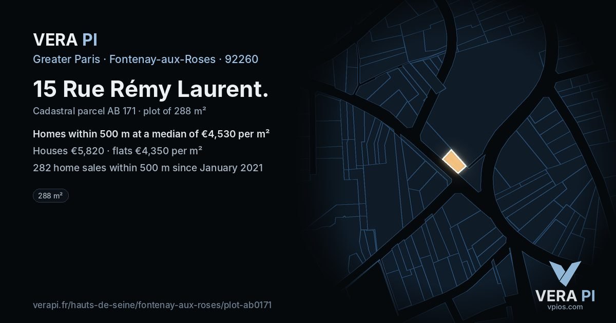 15 Rue Rémy Laurent, Fontenay-aux-Roses at night – the plot lit, the parcels around coloured by the prices near them