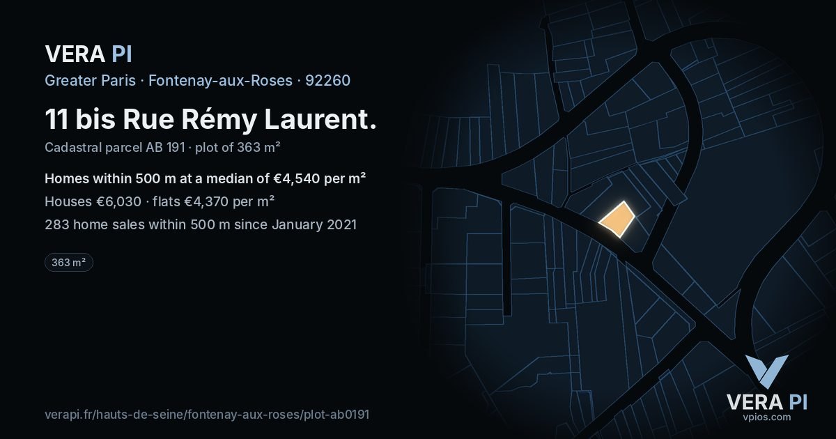 11 bis Rue Rémy Laurent, Fontenay-aux-Roses at night – the plot lit, the parcels around coloured by the prices near them
