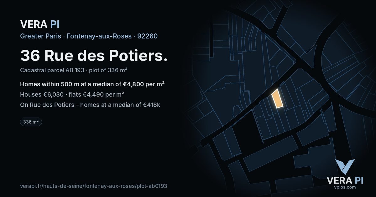 36 Rue des Potiers, Fontenay-aux-Roses at night – the plot lit, the parcels around coloured by the prices near them