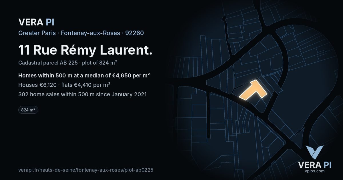 11 Rue Rémy Laurent, Fontenay-aux-Roses at night – the plot lit, the parcels around coloured by the prices near them