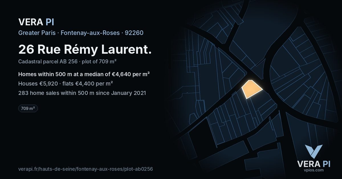 26 Rue Rémy Laurent, Fontenay-aux-Roses at night – the plot lit, the parcels around coloured by the prices near them