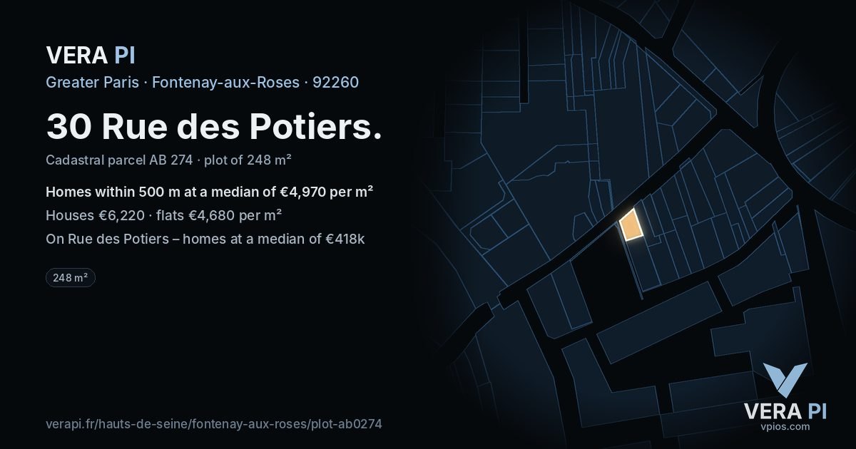 30 Rue des Potiers, Fontenay-aux-Roses at night – the plot lit, the parcels around coloured by the prices near them