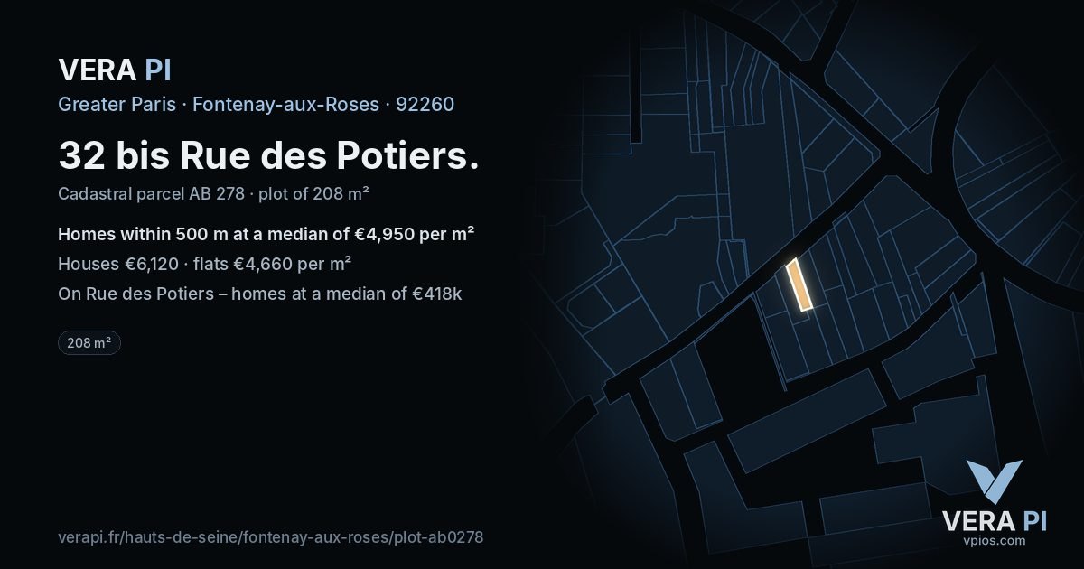 32 bis Rue des Potiers, Fontenay-aux-Roses at night – the plot lit, the parcels around coloured by the prices near them