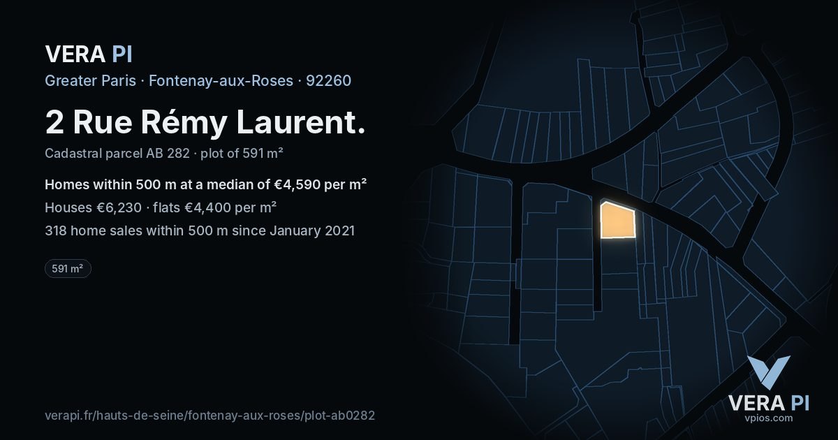 2 Rue Rémy Laurent, Fontenay-aux-Roses at night – the plot lit, the parcels around coloured by the prices near them