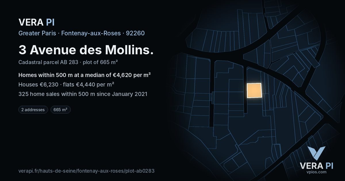 3 Avenue des Mollins, Fontenay-aux-Roses at night – the plot lit, the parcels around coloured by the prices near them