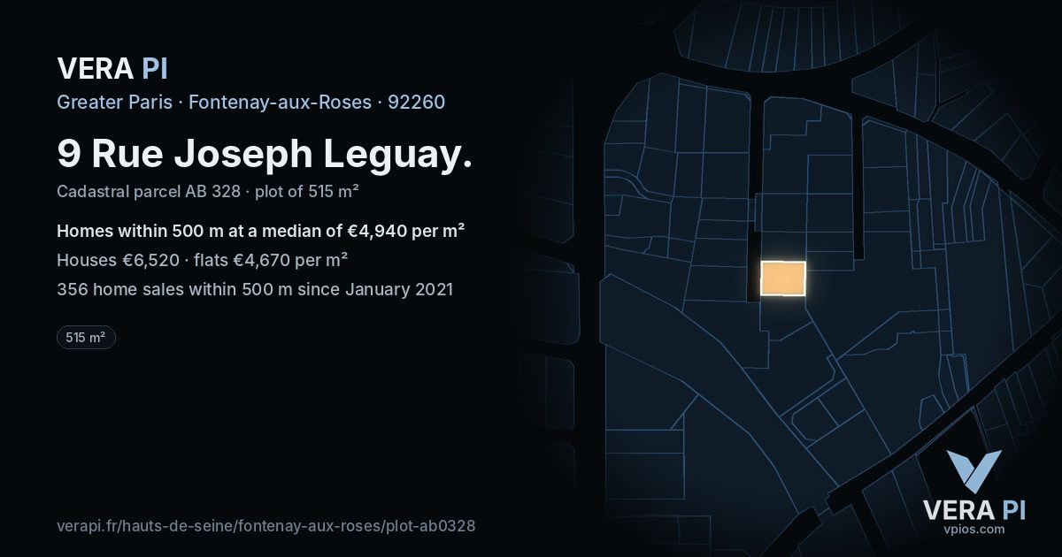9 Rue Joseph Leguay, Fontenay-aux-Roses at night – the plot lit, the parcels around coloured by the prices near them