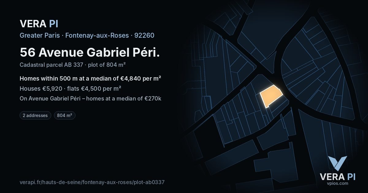 56 Avenue Gabriel Péri, Fontenay-aux-Roses at night – the plot lit, the parcels around coloured by the prices near them