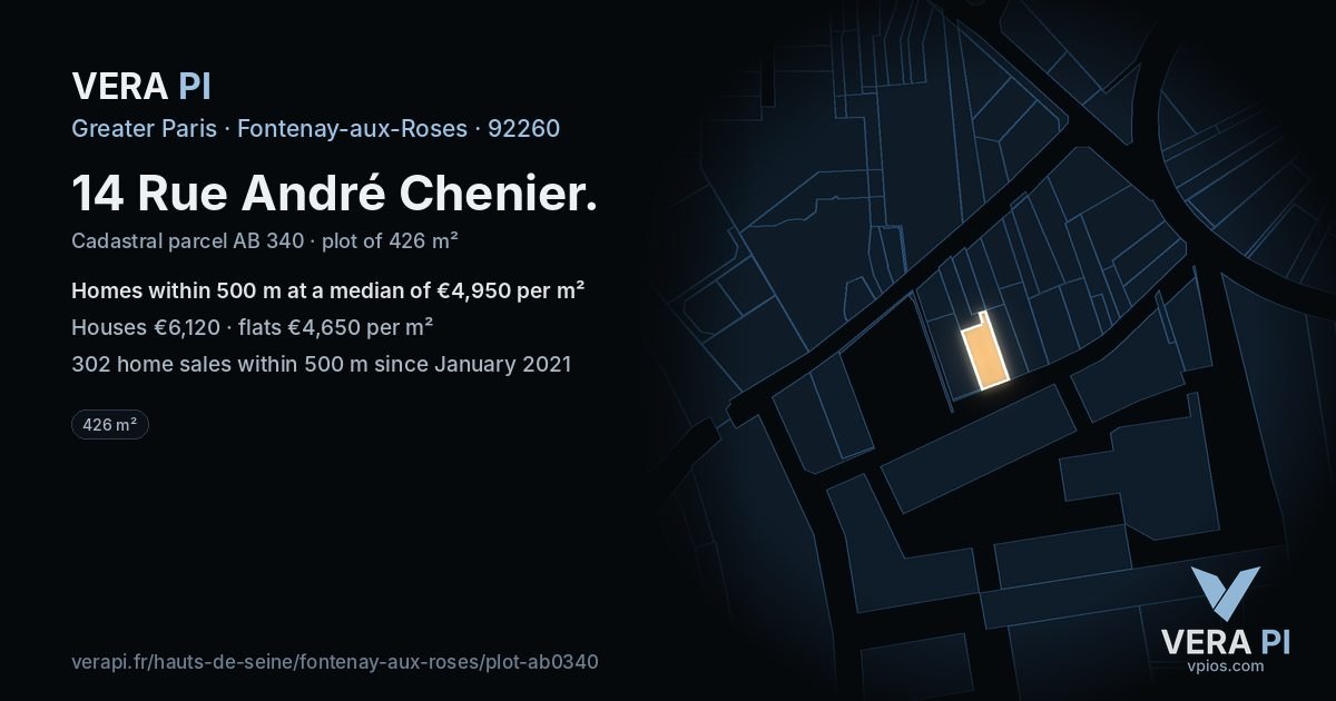 14 Rue André Chenier, Fontenay-aux-Roses at night – the plot lit, the parcels around coloured by the prices near them