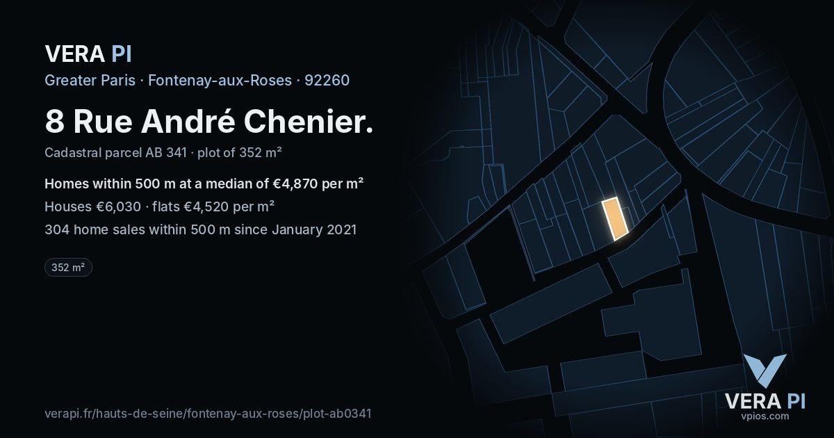 8 Rue André Chenier, Fontenay-aux-Roses at night – the plot lit, the parcels around coloured by the prices near them