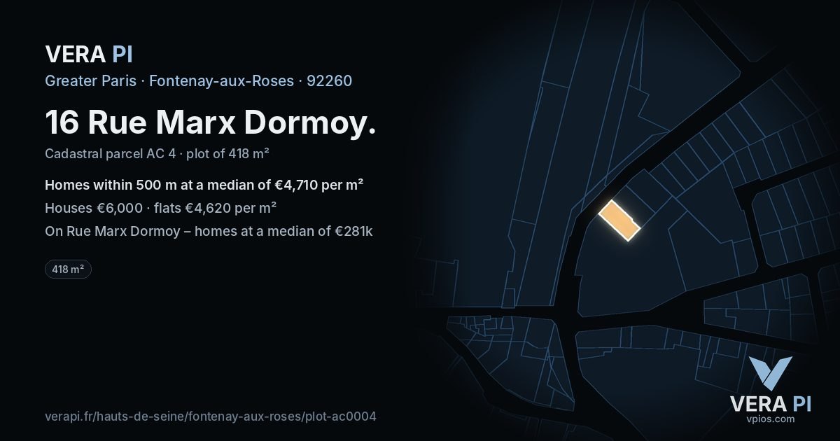 16 Rue Marx Dormoy, Fontenay-aux-Roses at night – the plot lit, the parcels around coloured by the prices near them