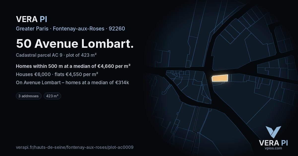 50 Avenue Lombart, Fontenay-aux-Roses at night – the plot lit, the parcels around coloured by the prices near them