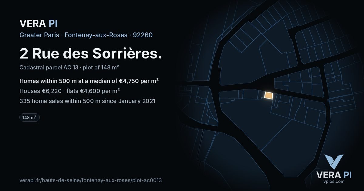 2 Rue des Sorrières, Fontenay-aux-Roses at night – the plot lit, the parcels around coloured by the prices near them