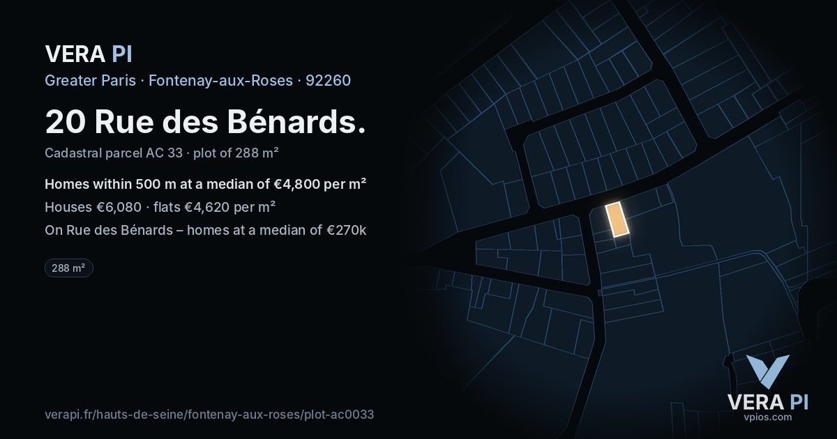 20 Rue des Bénards, Fontenay-aux-Roses at night – the plot lit, the parcels around coloured by the prices near them