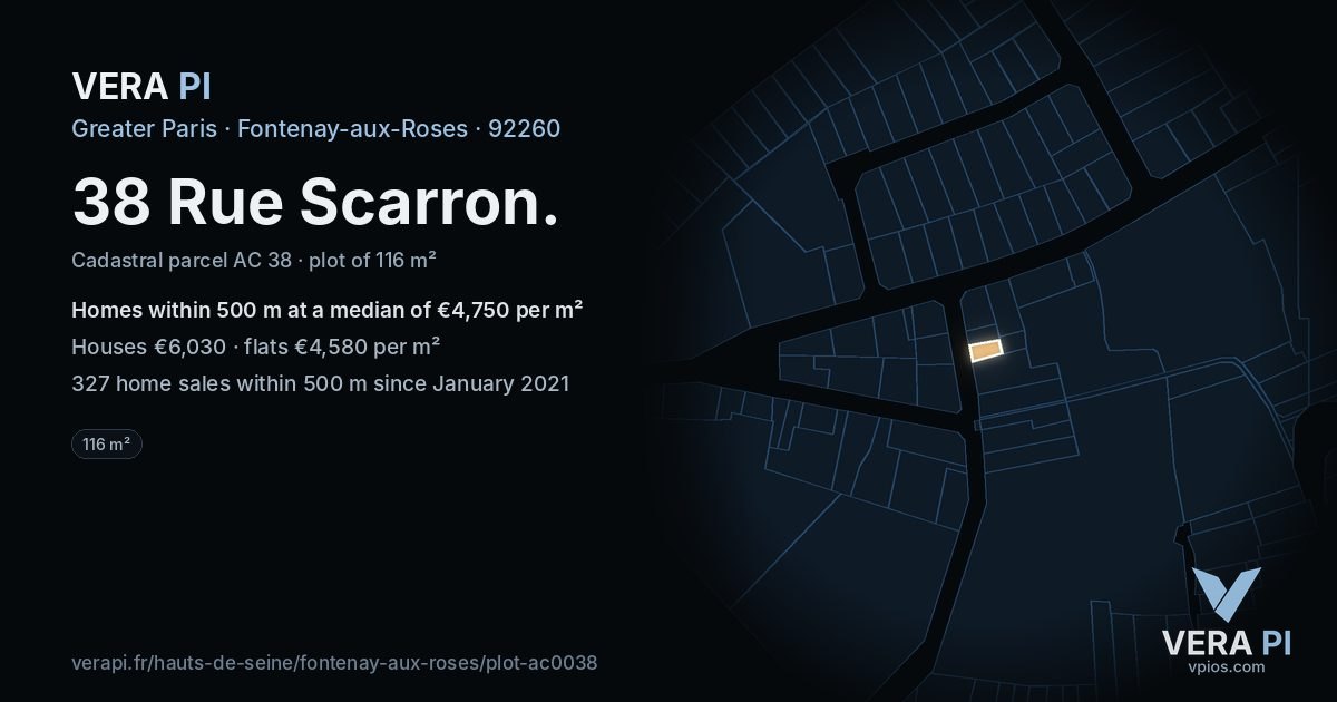 38 Rue Scarron, Fontenay-aux-Roses at night – the plot lit, the parcels around coloured by the prices near them