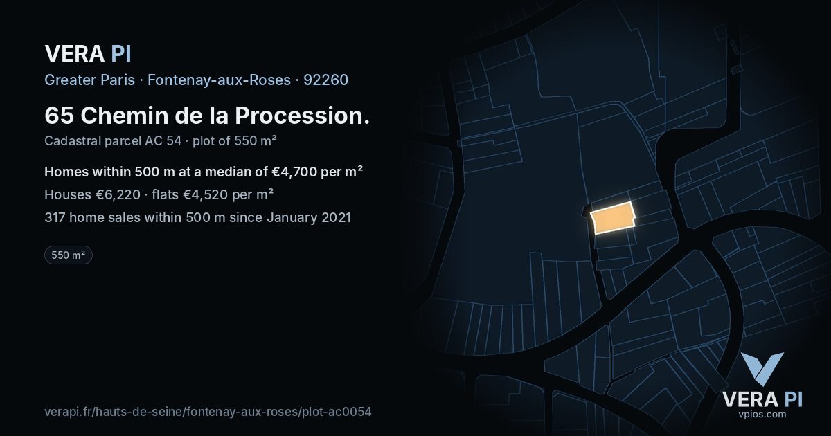 65 Chemin de la Procession, Fontenay-aux-Roses at night – the plot lit, the parcels around coloured by the prices near them