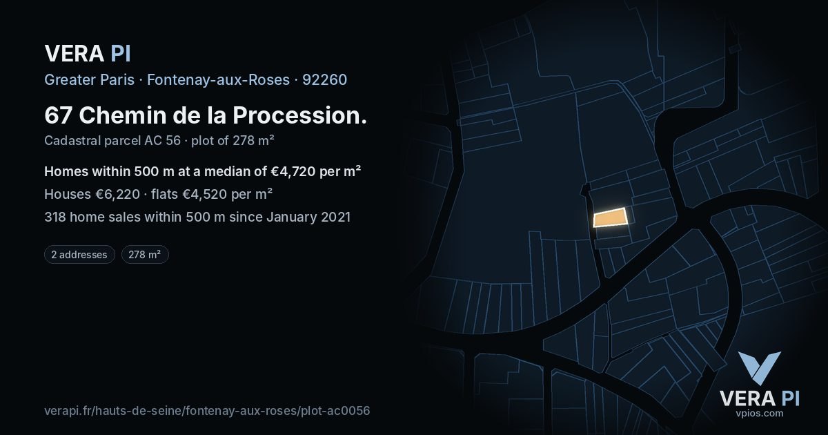 67 Chemin de la Procession, Fontenay-aux-Roses at night – the plot lit, the parcels around coloured by the prices near them