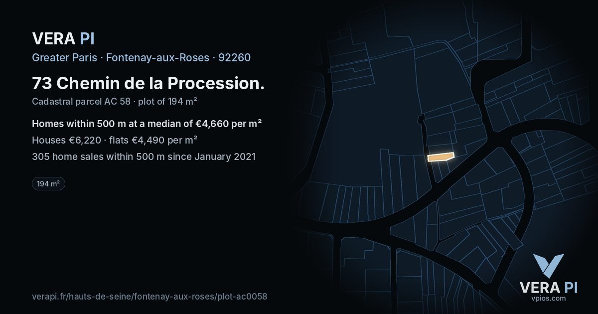 73 Chemin de la Procession, Fontenay-aux-Roses at night – the plot lit, the parcels around coloured by the prices near them