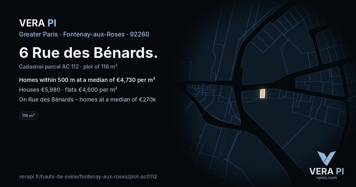 6 Rue des Bénards, Fontenay-aux-Roses at night – the plot lit, the parcels around coloured by the prices near them