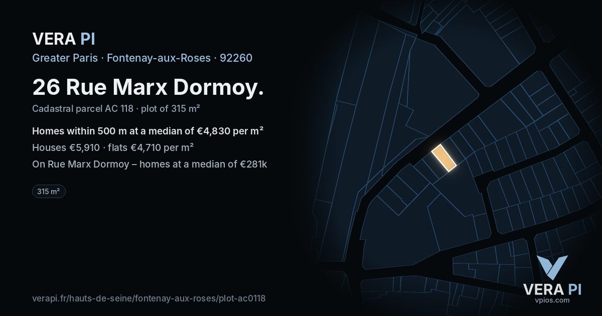 26 Rue Marx Dormoy, Fontenay-aux-Roses at night – the plot lit, the parcels around coloured by the prices near them