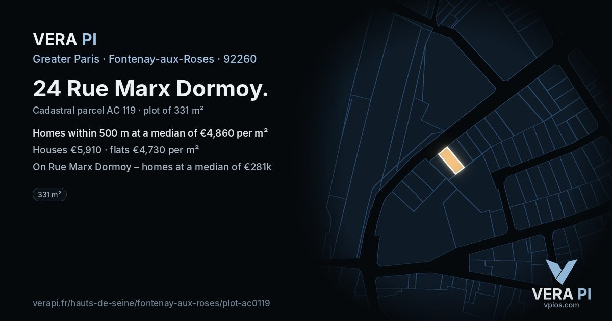 24 Rue Marx Dormoy, Fontenay-aux-Roses at night – the plot lit, the parcels around coloured by the prices near them